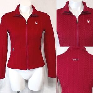 Spyder Endure Cable Knit Full Zip Fitted Sweater Jacket XS Wine Red Cozy Chic